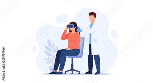 Doctor Performing Eye Exam with Virtual Reality VR Goggles on Patient, Modern Ophthalmology Concept