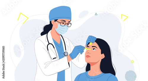 Doctor performing eye examination on patient, vector illustration of medical check-up and healthcare