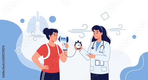 Doctor performing lung function test on patient with spirometer, illustration in flat design style