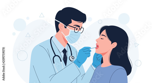 Doctor Performing Oral Swab Test on Patient, Medical Examination Illustration