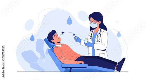 Doctor Performing Nasal Procedure on Patient Lying Down, Vector Illustration