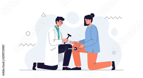 Doctor performing knee reflex test on patient, flat vector illustration