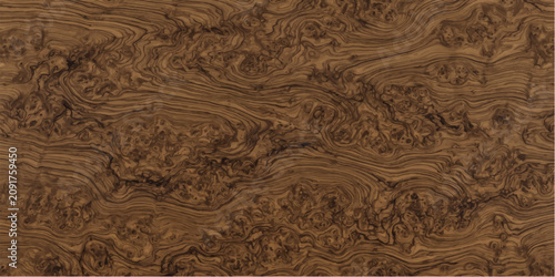 Rich, textured burl wood veneer displays swirling, intricate grain patterns, creating a unique and natural surface with a warm, organic feel.