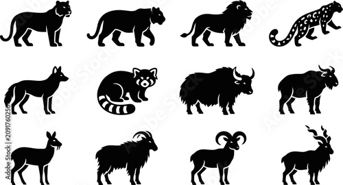 Photography Set of silhouettes of wild animals and mammals in vector style.