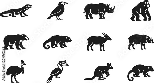 Canvas Print Collection of black silhouette icons featuring various wild animals and birds