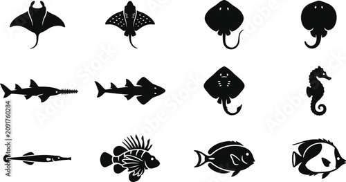 Fotografía Set of silhouettes of various marine animals and fish species.