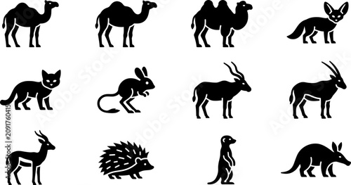 Schilderij op canvas Collection of black silhouettes of desert animals and wildlife.