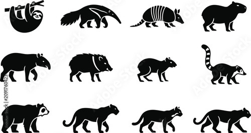 Cuadro en lienzo Set of silhouettes of South American wildlife animals.