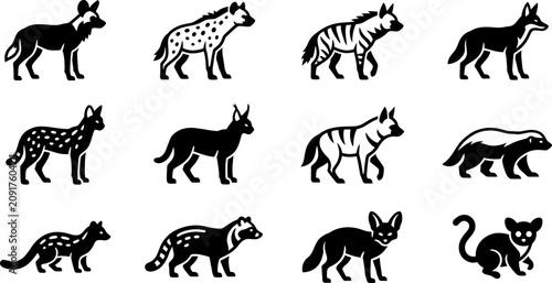 Photography Set of black and white silhouette icons of various wild animals.