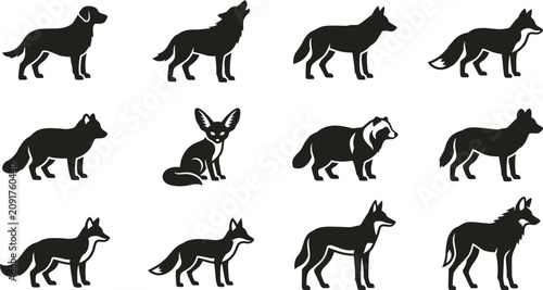 Obraz na płótnie Set of silhouettes representing various canine and vulpine species