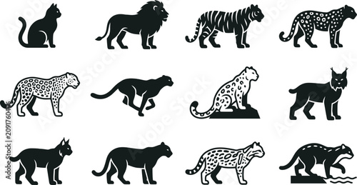 Canvas Print Set of wild cat species silhouettes and icons.