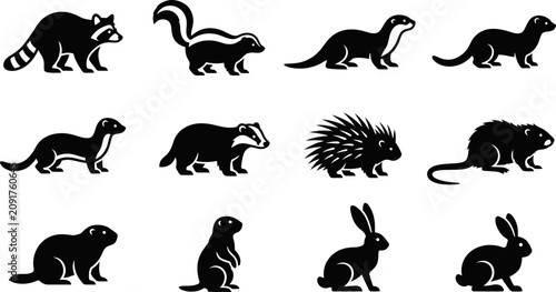 Cuadro en lienzo Set of monochrome animal silhouettes including mammals and small forest creatures