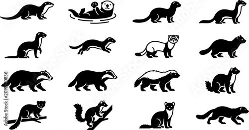 Konstfotografi Set of black and white silhouettes of various mustelid animals.