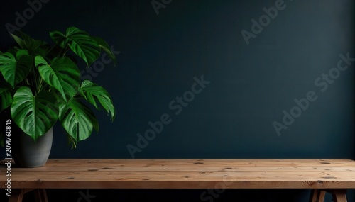 Dark loft interior, wooden table, monstera plant, grunge wall , shadow, black