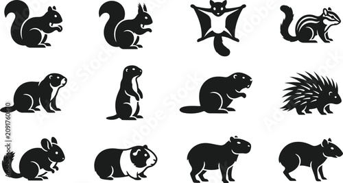 Tableau sur toile Set of black silhouette icons featuring various rodents and small mammals