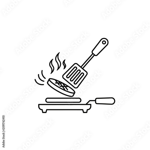 Принти на полотні Hand drawn sketch of a burger patty being flipped on a hot grill pan