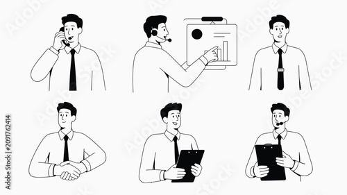 Businessman in a white shirt demonstrates various professional communication tasks and office responsibilities through a series of six distinct outlined sketches on a clean background.
