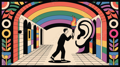 Person stands in a colorful hallway holding a bright torch toward a giant ear sculpture to symbolize the act of listening and searching for information in a modern conceptual illustration.