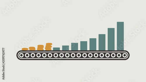 Conveyor belt carrying gold coins and bar charts highlights industrial financial growth and manufacturing wealth.