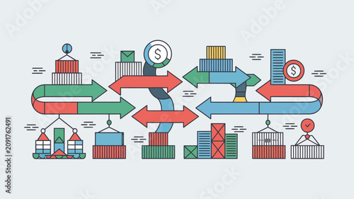 Logistics network diagram illustrates complex global shipping routes and supply chain distribution processes.