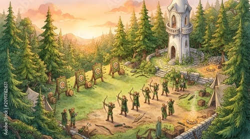 Isometric fairytale illustration of an Elven archery training ground with a white stone tower inside a pine forest, designed with no text and no borders.