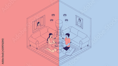 Home interior split view shows a couple dining together in a cozy room, highlighting lifestyle moments and domestic harmony through an isometric illustration style.