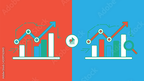 Business growth charts illustrate rising performance and financial success, using magnifying glasses and directional arrows to signify data analysis, market trends, and economic progress.