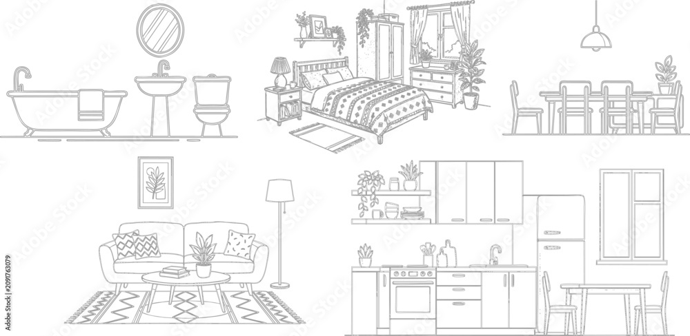 Obraz premium Hand Drawn Sketch Collection of Modern House Interior Rooms Featuring Furniture and Home Decor Layouts