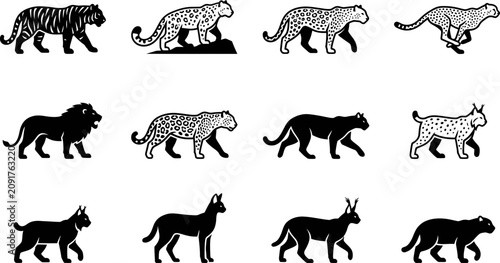 Canvas Print Collection of black and white wild cat silhouette icons.