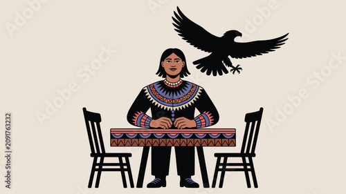 Person sits at a decorated table while a soaring eagle silhouette hovers above their head in this artistic representation of connection to nature.