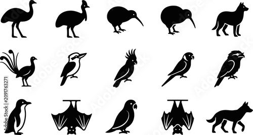 Cuadro en lienzo Set of black silhouettes of Australian native animals and birds.