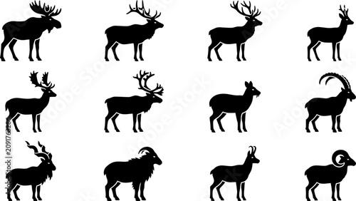 Tableau sur toile Collection of black silhouettes of deer moose and wild mountain goats
