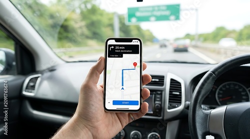 Driver using navigation app on smartphone in car during daytime travel