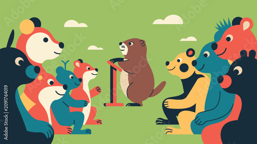 Groundhog standing behind a wooden podium speaks to a diverse audience of stylized bears gathered on the lush green grass during a sunny outdoor meeting.