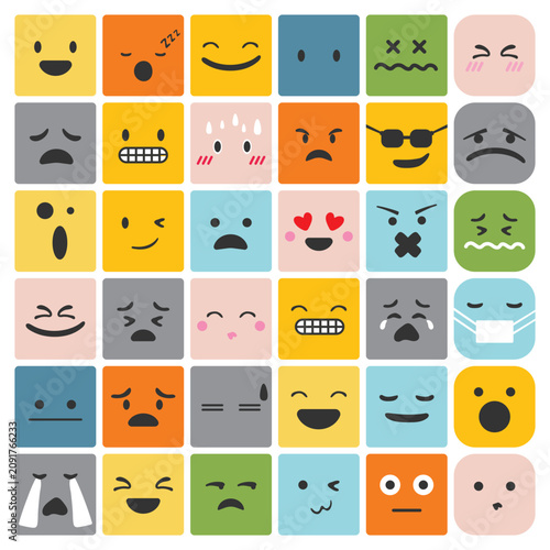 Collection of colorful square emojis. Flat design block emoticons featuring different cute and funny facial expressions.
