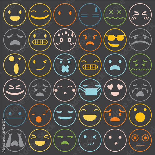 Set of colorful outline emojis on dark background. Thin line art emoticons showing various facial expressions and emotions.