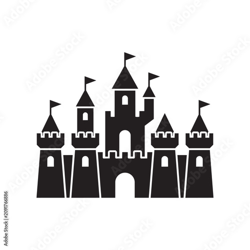 Simple fairytale castle silhouette vector icon with towers and flags