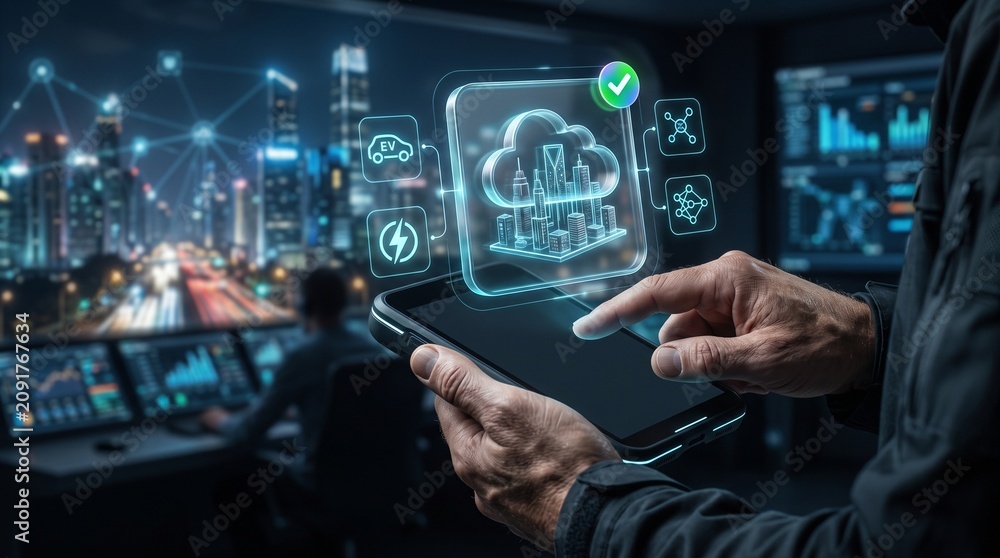 Obraz premium Smart City Engineer Interacting with Digital Control Device displaying AI Cloud Urban Management Hologram in Futuristic Control Center