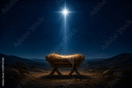 A scene of an empty manger, a bright star at sky with a concept of nativity and Christianity