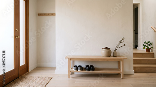 Wooden shoe bench and coat pegs in a bright minimalist entryway