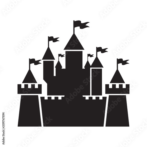 Silhouette of a medieval fairytale castle with towers and flags