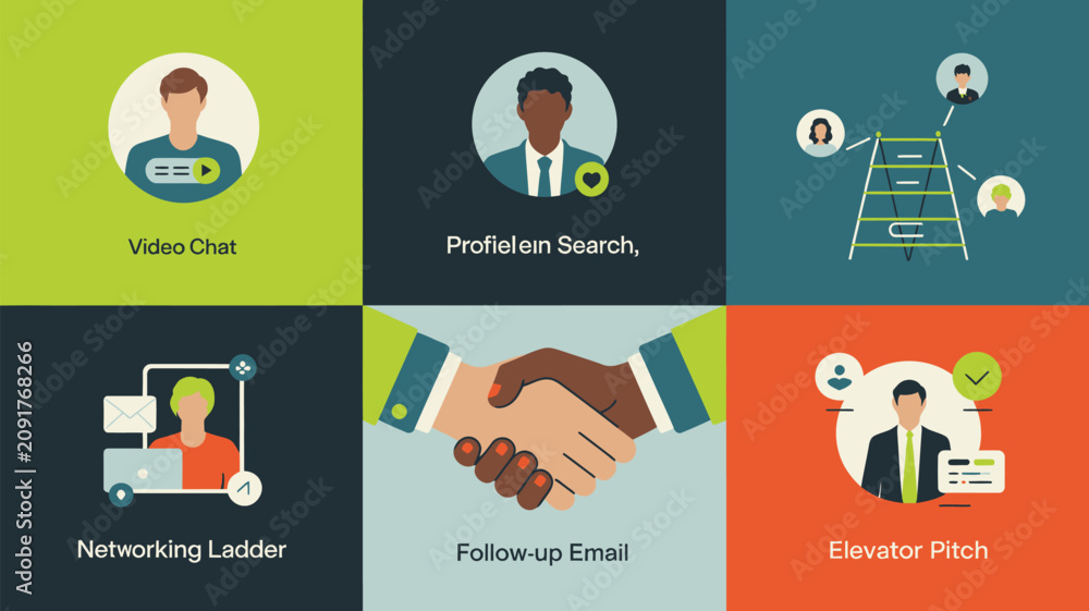 Fototapeta premium Professional networking concepts appear in a grid format showcasing video chat, profile searching, hiring, email communication, and successful handshake deals for modern corporate job seekers.