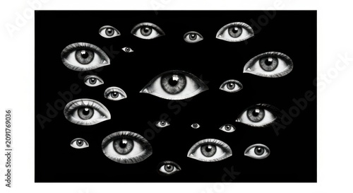 Surreal Black and White Composition of Multiple Human Eyes Watching from Darkness for Surveillance and Privacy Concepts