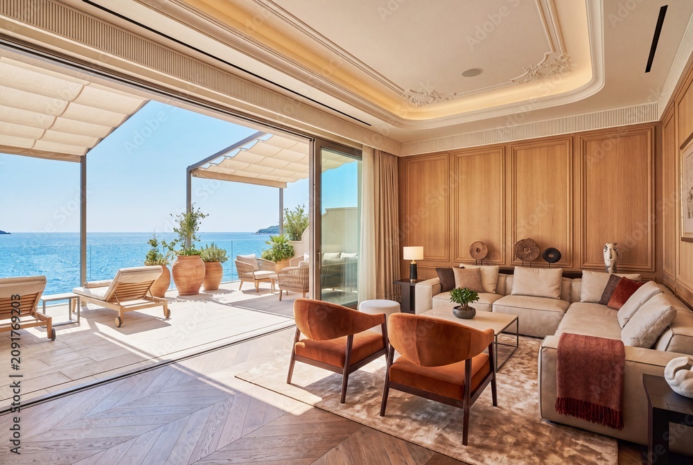 Fototapeta premium Elegant hotel lounge with fireplace and scenic coastal views