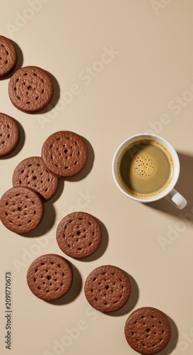 A delicious arrangement of chocolate cookies and a cup of coffee, bathed in warm light.