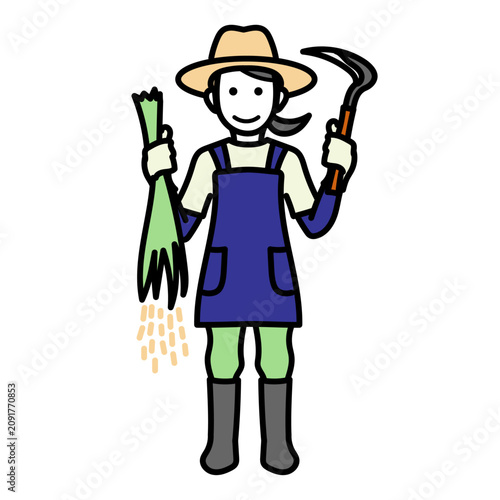 笑顔で新鮮な稲と鎌を持つ農家の女性が収穫の喜びを表現している全身イラスト｜農業の魅力や自然の恵みを伝えるクリップアート素材