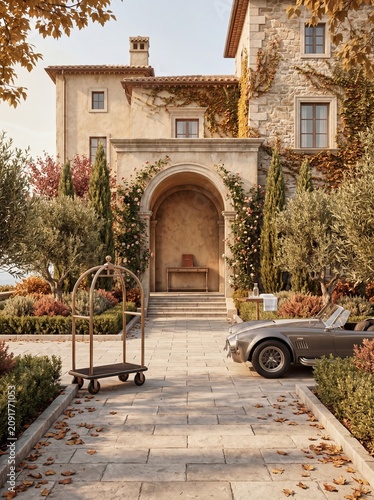 Elegant coastal resort exterior with landscaped Mediterranean design