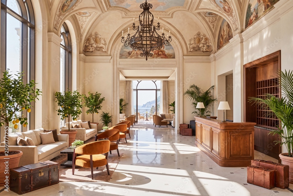 Fototapeta premium Grand Mediterranean hotel lobby with elegant architectural details