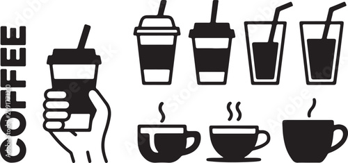 A Collection of Minimalist Black and White Vector Icons Representing Various Coffee and Beverage Containers for Modern Graphic Design Projects