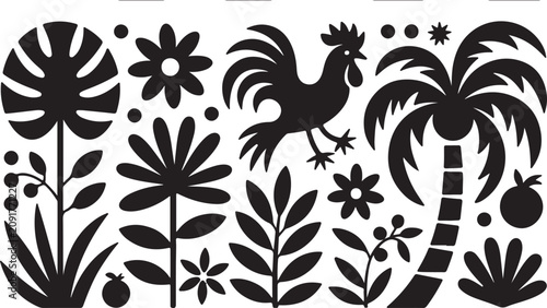 Decorative Black and White Folk Art Illustration Featuring a Stylized Rooster Surrounded by Tropical Palms and Floral Botanical Motifs